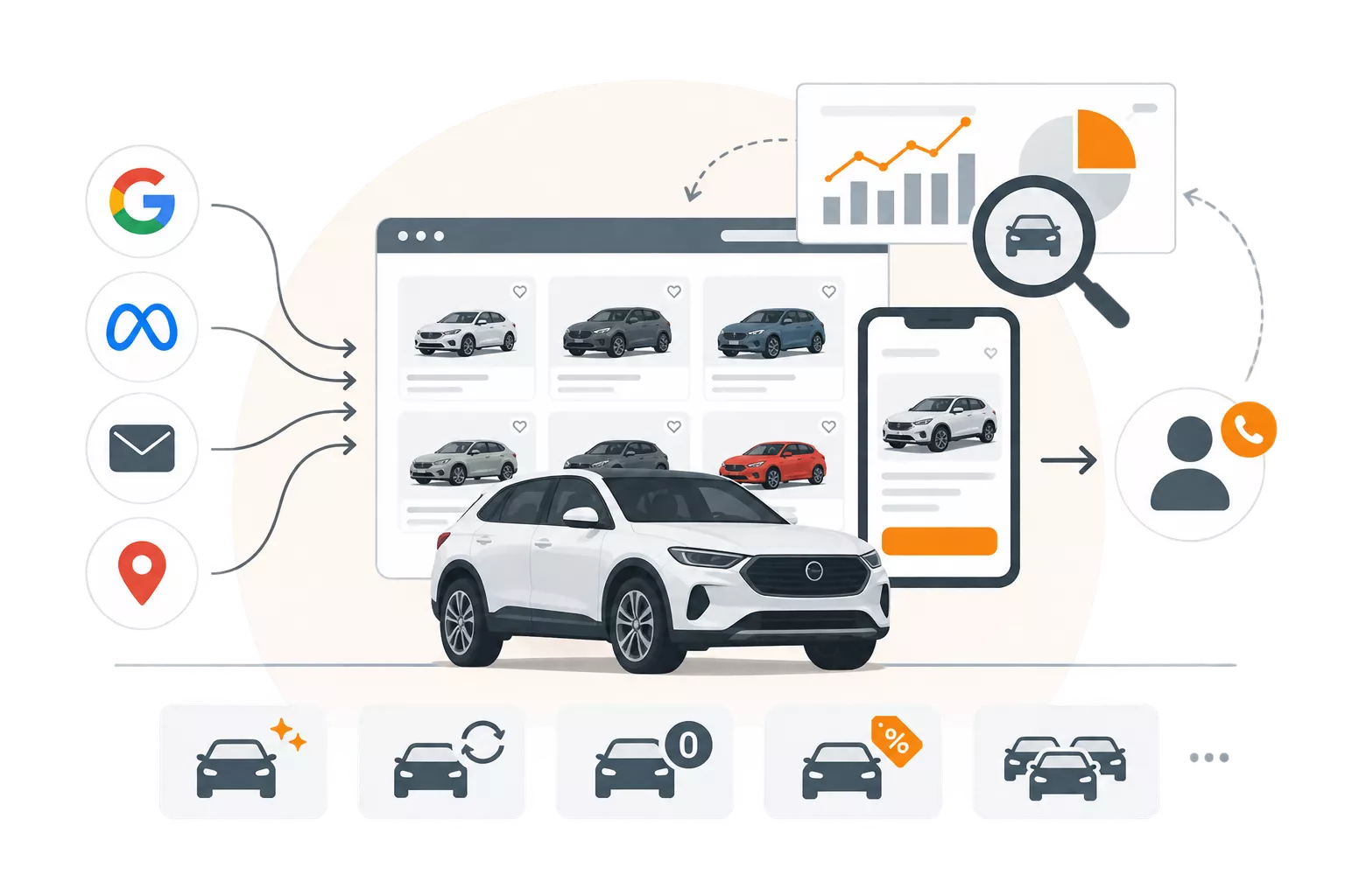 Infografica sul web marketing automotive che collega stock vetture, motori di ricerca, campagne digitali, analisi dati e generazione di contatti per concessiona