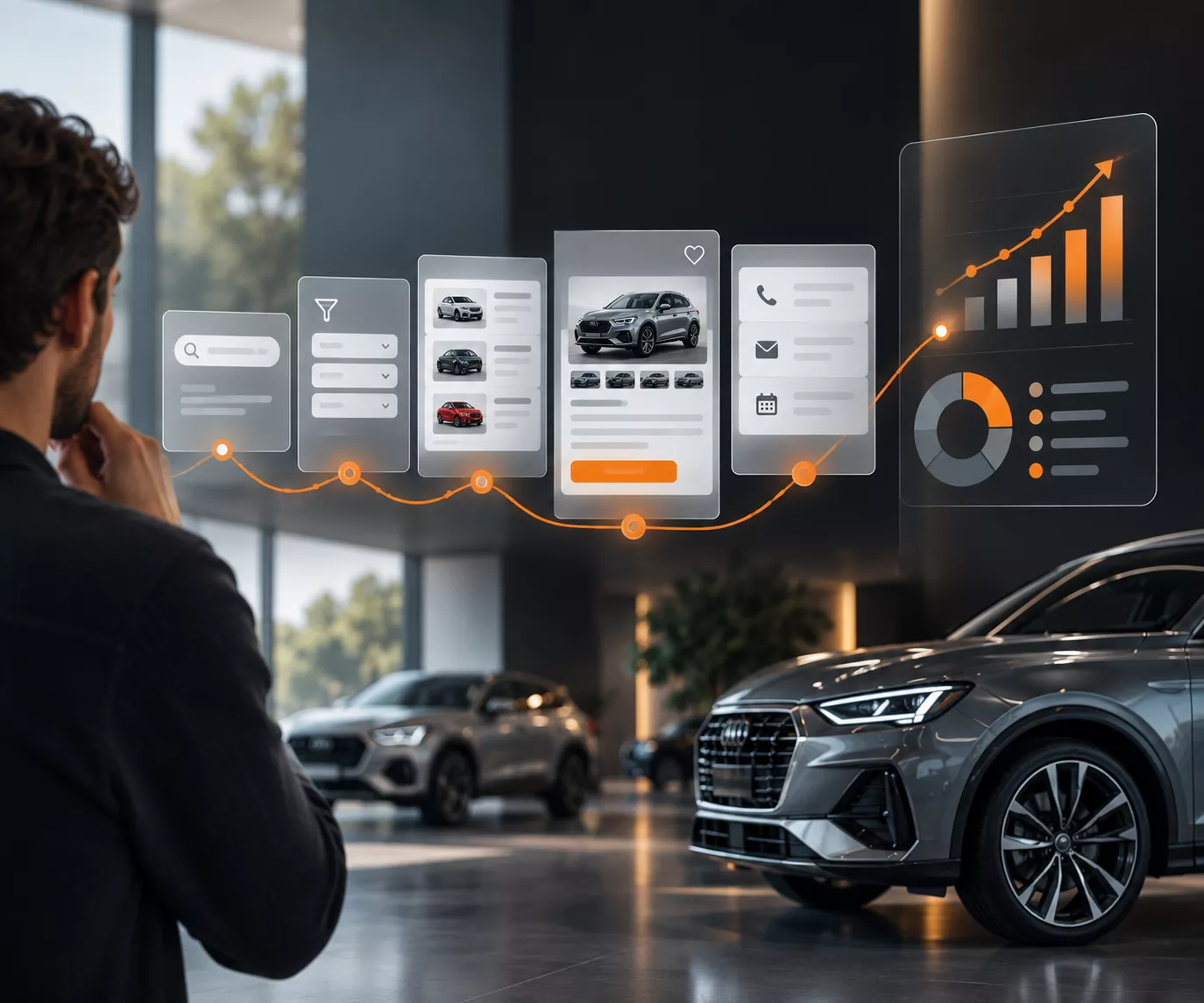 Infografica del percorso di un utente su un sito automotive, dalla ricerca e dai filtri alla visualizzazione delle vetture e al contatto, con dati utili a indiv
