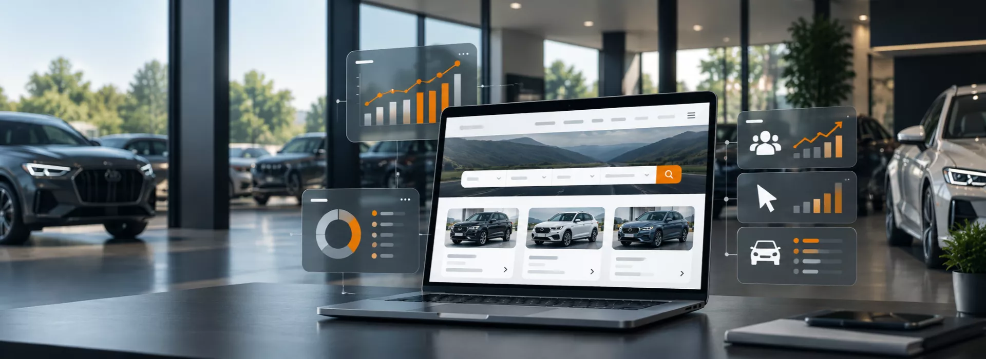 concessionaria automotive con laptop, stock vetture e dashboard di analytics per analizzare interesse degli utenti, performance e comportamento sul sito.