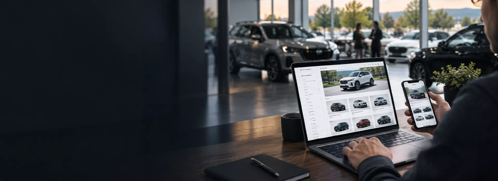 Cliente consulta lo stock auto da smartphone all’interno di una concessionaria automotive.